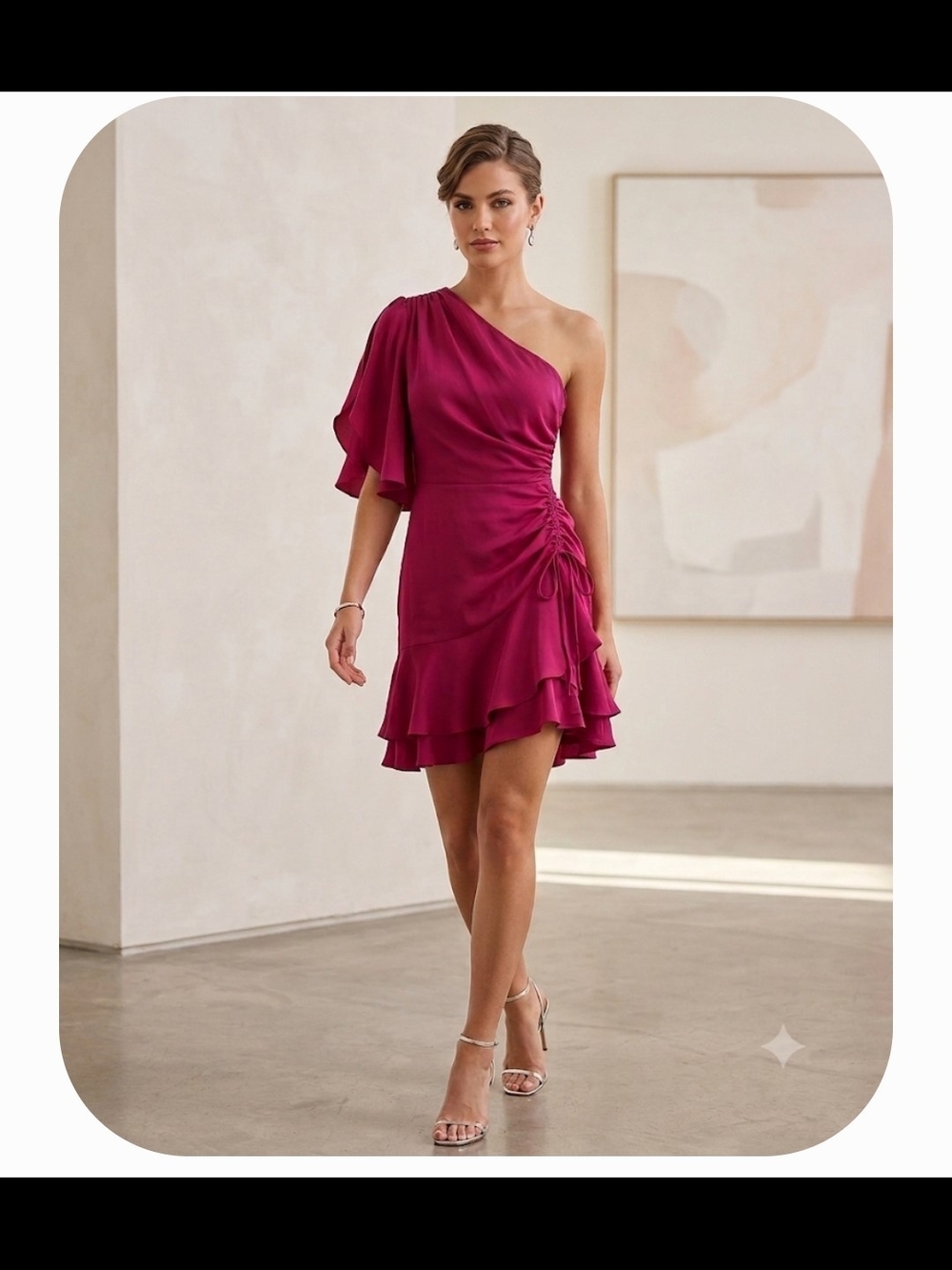 A.L.C. One-Shoulder Ruched And Ruffle Mini Dress in Vibrant Berry/Magenta.
